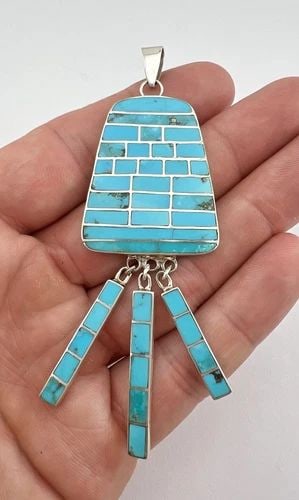 VTG NAVAJO STERLING SILVER TURQUOISE FLUSH INLAY CHANDELIER DANGLE PENDANT 3.75": VTG NAVAJO STERLING SILVER TURQUOISE FLUSH INLAY CHANDELIER DANGLE PENDANT 3.75" Vtg Navajo Sterling Silver Turquoise Flush Inlay Chandelier Dangle Pendant 3.75" Size: 3 3/4" Tall With bail by Around 