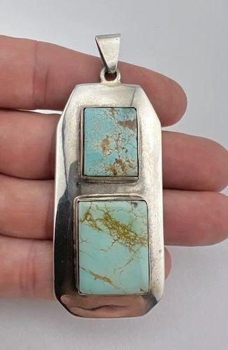 HUGE VTG NAVAJO STERLING SILVER WEBBED ROYSTON TURQUOISE PENDANT 3 1/8"- 34.7G (1 of 2)