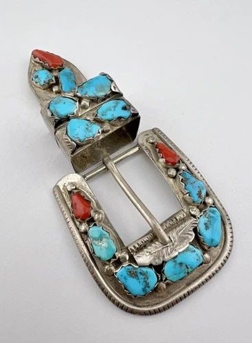 ANGELITA CHEAMA ZUNI STERLING SILVER TURQUOISE CORAL RANGER 4 PIECE BELT BUCKLE: ANGELITA CHEAMA ZUNI STERLING SILVER TURQUOISE CORAL RANGER 4 PIECE BELT BUCKLE Vtg Angelita Cheama Zuni Sterling Silver Turquoise Coral Ranger 4 Piece Belt Buckle Buckle Size: 1 3/4" Tall By 2" Wide 