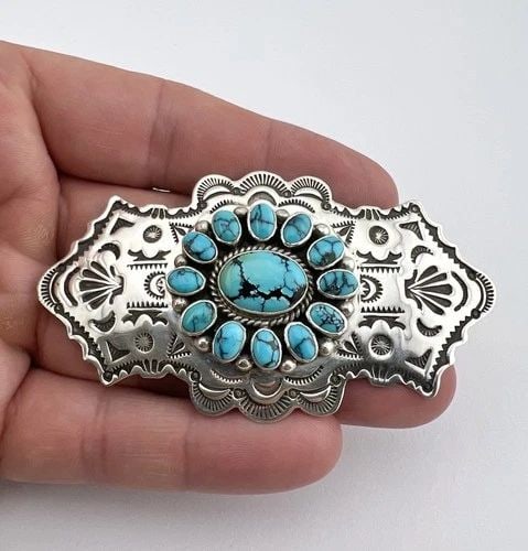 RUDY WILLIE NAVAJO STERLING SILVER WEBBED TURQUOISE STAMPED PIN PENDANT 3 1/8" (1 of 1)