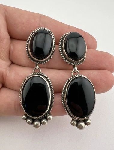 LOUISE YAZZIE NAVAJO STERLING SILVER BLACK ONYX OVAL DANGLE POST EARRINGS 2.5" (1 of 1)