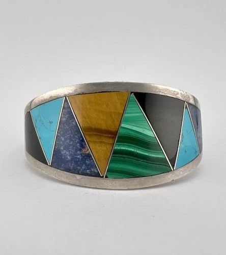 VTG TAXCO .950 STERLING SILVER NATURAL MULTI COLOR GEMSTONE WIDE BRACELET 65.6G: VTG TAXCO .950 STERLING SILVER NATURAL MULTI COLOR GEMSTONE WIDE BRACELET 65.6G Vintage Taxco Sterling Silver Natural Multi Color Gemstone WIDE Bracelet 65.6g Size: 6 3/4" Inside Circumference By 1 1/