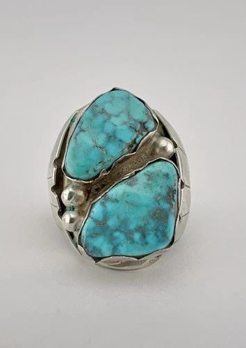 VTG NAVAJO STERLING SILVER HIGH GRADE MORENCI TURQUOISE STAMPED MEN'S RING 21.4G: VTG NAVAJO STERLING SILVER HIGH GRADE MORENCI TURQUOISE STAMPED MEN'S RING 21.4G Vtg Navajo Sterling Silver High Grade Morenci Turquoise Stamped Men's Ring 21.4g Ring Size: 12- Can Be Resized Weight i