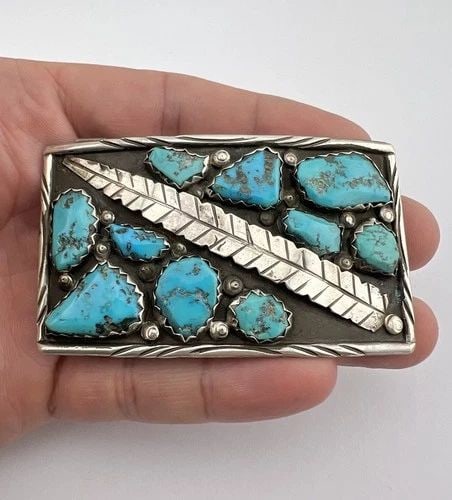 VTG ANGELITA CHEAMA ZUNI STERLING SILVER TURQUOISE CLUSTER BELT BUCKLE 3" (1 of 1)
