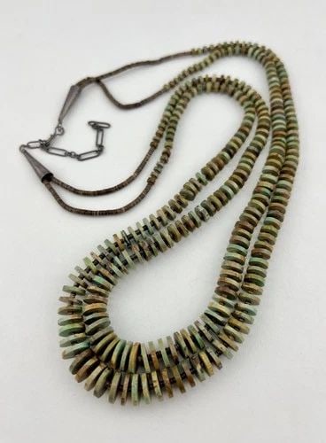 SANTO DOMINGO KEWA ROLLED TURQUOISE & OLIVE SHELL 2 STRAND HEISHI NECKLACE 27.5" (1 of 1)