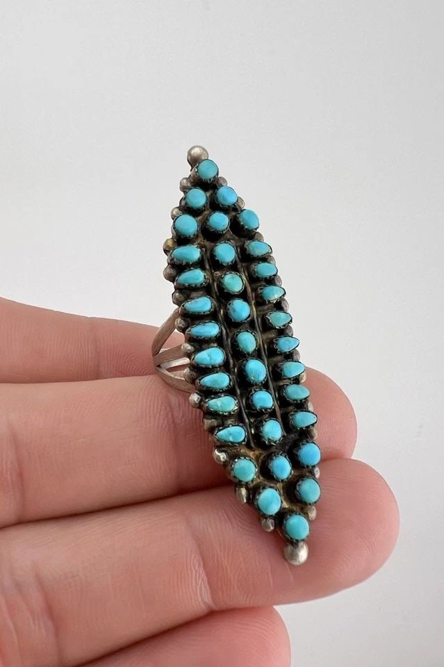 OLD ZUNI STERLING SILVER PETIT POINT TURQUOISE CLUSTER WOMEN'S 2.25" LONG RING: OLD Zuni Sterling Silver Petit Point Turquoise Cluster Women's 2.25" Long Ring Ring Size 7.25 - Can Be re Sized Weight is 8.5 Grams on my scale Metal: Sterling Silver Ring is 2 1/4" Tall In the Center