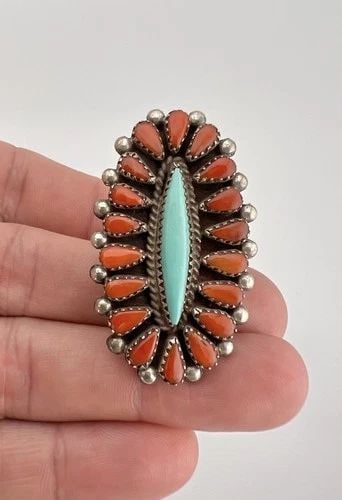 HUGE VTG ZUNI STERLING SILVER PETIT POINT TURQUOISE & CORAL CLUSTER WOMEN'S RING: HUGE Vtg Zuni Sterling Silver Petit Point Turquoise & Coral Cluster Women's Ring Ring Size - 7 Weight is 12.2 Grams on my scale Metal: Sterling Silver Ring is Over 1 3/4" Tall In the Center Amazing Na