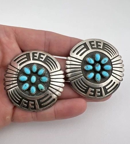 BIG VTG NAVAJO STERLING SILVER SLEEPING BEAUTY TURQUOISE CONCHO OVERLAY EARRINGS (1 of 1)