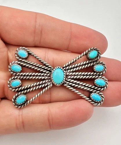 VINTAGE NAVAJO STERLING SILVER BLUE TURQUOISE TWIST BOW TIE BROOCH PIN 2.25" (1 of 1)