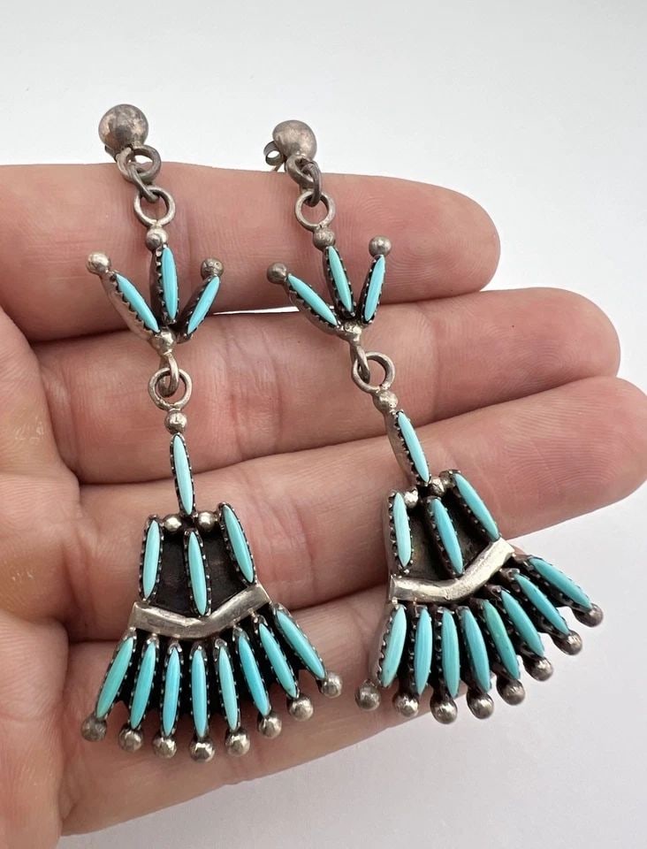 VTG ZUNI STERLING SILVER NEEDLEPOINT TURQUOISE CLUSTER POST DANGLE EARRINGS 3" (1 of 1)