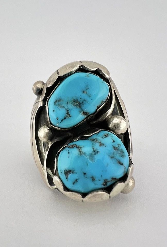 HUGE VTG JJ NAVAJO STERLING SILVER SLEEPING BEAUTY TURQUOISE STAMPED RING 25.3G: HUGE VTG JJ NAVAJO STERLING SILVER SLEEPING BEAUTY TURQUOISE STAMPED RING 25.3G Huge Vtg JJ Navajo Sterling Silver Sleeping Beauty Turquoise Stamped Ring 25.3g Size: 11 - Can Be Re Sized Weight is 25.
