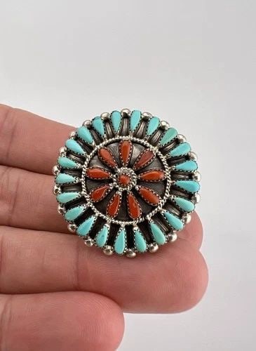 J WALLACE ZUNI STERLING SILVER NEEDLEPOINT TURQUOISE CORAL CLUSTER WOMEN'S RING (1 of 2)