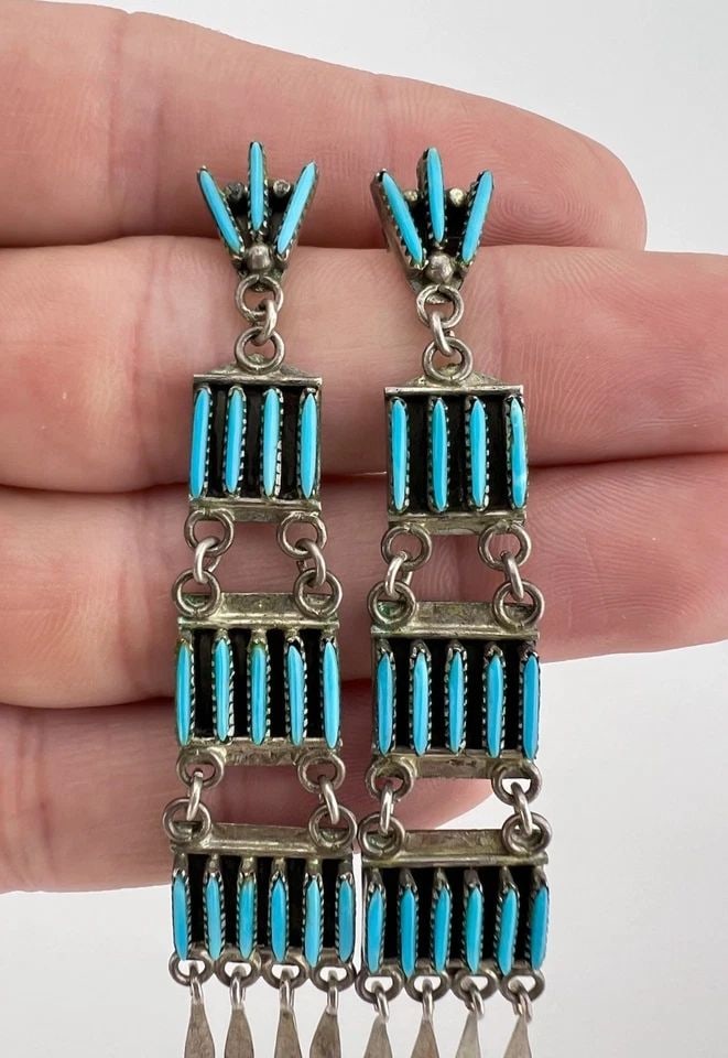 VTG ZUNI STERLING SILVER NEEDLEPOINT TURQUOISE 4 TIER POST DANGLE EARRINGS 3" (1 of 1)