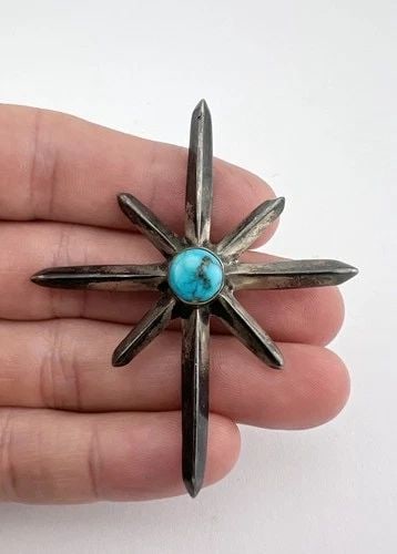 OLD PAWN NAVAJO SANDCAST STERLING SILVER TURQUOISE STARBURST PIN BROOCH 2 5/8" (1 of 1)