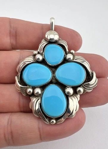 VTG BILLIE EAGLE NAVAJO STERLING SILVER BLUE GEM TURQUOISE CROSS PENDANT 2 3/8" (1 of 2)