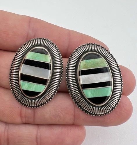 VTG NAVAJO STERLING SILVER TURQUOISE JET MOTHER OF PEARL OVAL POST EARRINGS: VTG NAVAJO STERLING SILVER TURQUOISE JET MOTHER OF PEARL OVAL POST EARRINGS Vtg Navajo Sterling Silver Turquoise Jet Mother Of Pearl Oval Post Earrings Size: 1 3/8" Tall & 1" Wide Weight is 21.5 Grams