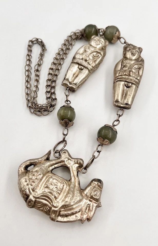 OLD CHINESE SILVER REPOUSSE CHATELAINE GOD'S & HORSE FLORAL JADE NECKLACE 73.2G: OLD CHINESE SILVER REPOUSSE CHATELAINE GOD'S & HORSE FLORAL JADE NECKLACE 73.2G ANTIQUE CHINESE SILVER Repousse Chatelaine God's & Horse Floral & Jade Necklace Test Positive For Low Grade Silver Horse