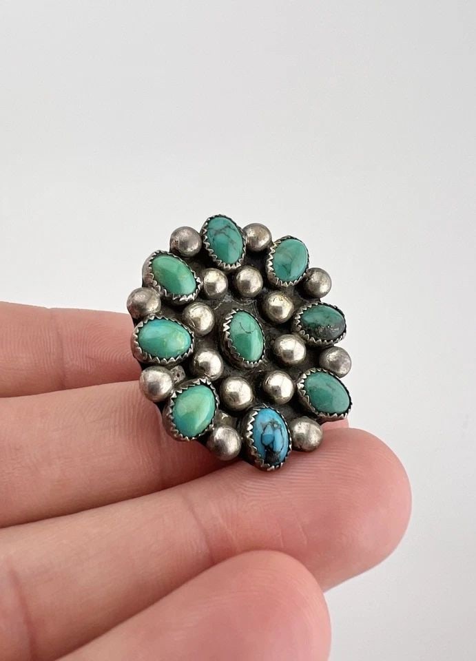 VINTAGE NAVAJO STERLING SILVER PETIT POINT TURQUOISE CLUSTER WOMEN'S RING 1.25" (1 of 1)