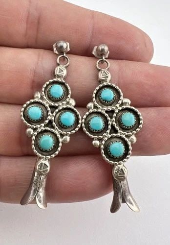 BERNAL NATEWA ZUNI STERLING SILVER TURQUOISE CLUSTER BLOSSOM POST EARRINGS 2" (1 of 1)