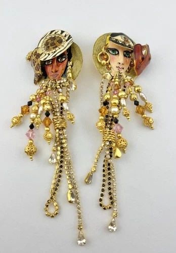 RARE 6 5/8" LUNCH AT THE RITZ RHINESTONE & FACE CLIP ON DANGLE EARRINGS (1 of 2)