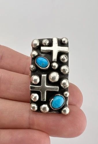 HUGE CHIMNEY BUTTE NAVAJO STERLING SILVER TURQUOISE DOT CROSS RING (1 of 1)