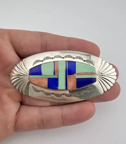 HUGE VTG NAVAJO STERLING SILVER FLUSH MULTI GEMSTONE STAMPED BROOCH PIN 3 1/8" (1 of 1)