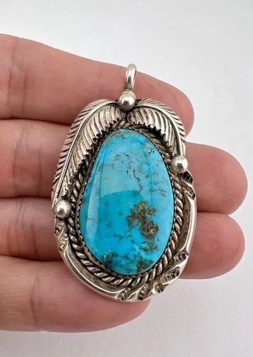VINTAGE NAVAJO STERLING SILVER NATURAL MORENCI TURQUOISE STAMPED PENDANT 2 1/8" (1 of 1)