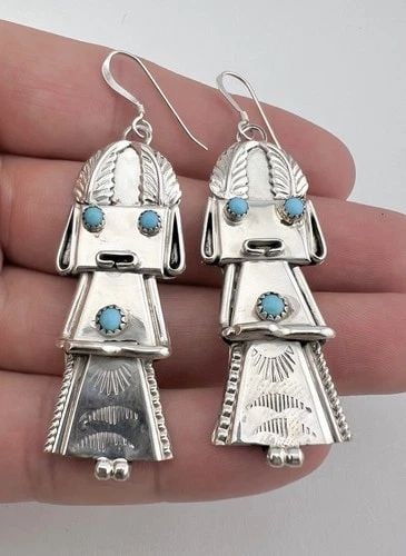 VTG FRANK YAZZIE NAVAJO STERLING SILVER TURQUOISE KACHINA DANGLE EARRINGS 2 5/8": VTG FRANK YAZZIE NAVAJO STERLING SILVER TURQUOISE KACHINA DANGLE EARRINGS 2 5/8" Vtg Frank Yazzie Navajo Sterling Silver Turquoise Kachina Dangle Earrings 2 5/8" Size: 2 5/8" Tall With Dangle 3/4" at 