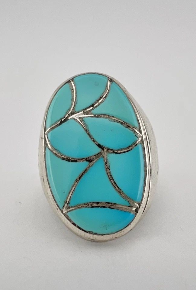 VINTAGE EDISON & LAURENDA BOBELU ZUNI FISH SCALE TURQUOISE FLUSH INLAY MENS RING (1 of 1)