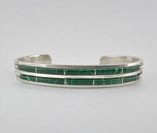 VINTAGE RD NAVAJO STERLING SILVER GREEN MALACHITE 2 ROW TWIST CUFF BRACELET (1 of 1)