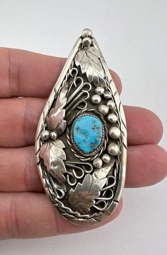 VTG NAVAJO STERLING SILVER SLEEPING BEAUTY TURQUOISE DETAILED STAMPED PENDANT 3" (1 of 1)