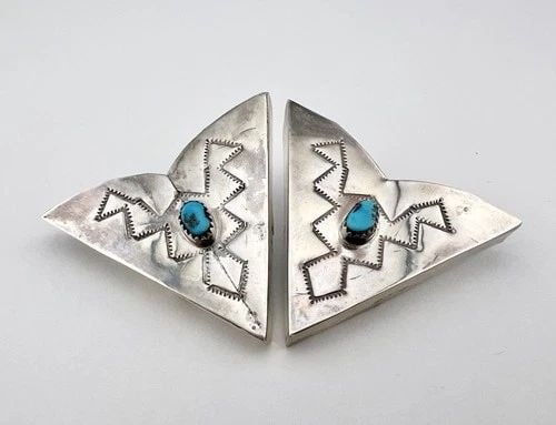 HUGE VTG NAVAJO STERLING SILVER SLEEPING BEAUTY TURQUOISE STAMPED COLLAR TIPS (1 of 1)