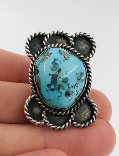 HUGE VTG NAVAJO STERLING SILVER NATURAL NEVADA TURQUOISE SLAB RING 16.5G (1 of 1)
