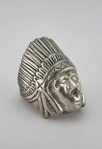 VTG NATIVE AMERICAN STERLING SILVER INDIAN CHIEF HEAD DRESS BIKER MEN RING 24.2G (1 of 2)