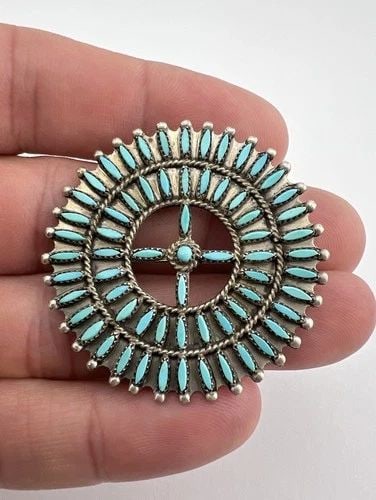 VTG ZUNI STERLING SILVER NEEDLEPOINT TURQUOISE CLUSTER PIN BROOCH PENDANT 1 5/8" (1 of 1)