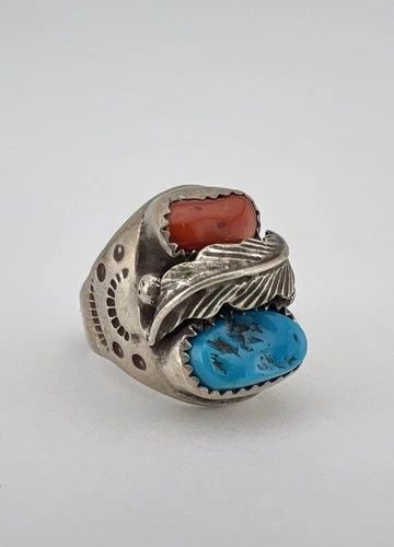 VTG NAVAJO STERLING SILVER NATURAL TURQUOISE & CORAL STAMPED INGOT MEN'S RING: VTG NAVAJO STERLING SILVER NATURAL TURQUOISE & CORAL STAMPED INGOT MEN'S RING Vtg Navajo Sterling Silver Natural Turquoise & Coral Stamped Ingot Men's Ring Ring Size: 7.75 - Can Be Re Sized Weight is 