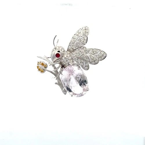 30.00 CARAT KUNZITE 2.20 CARAT ROUND BRILLIANT DIAMOND 18K WHITE GOLD PIN BROOCH (1 of 2)