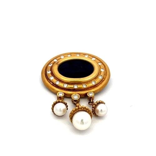 18K YG PIN BROOCH WITH 0.43 CARAT DIAMOND 12.7-17.7 MM ONYX AND 5.2-7.5 MM PEARL (1 of 2)