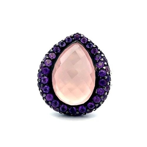 TEARDROP ROSE QUARTZ 18K WHITE GOLD COCKTAIL RING 0.21 CARAT DIAMONDS SAPPHIRE (1 of 2)