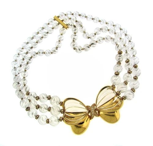 VINTAGE BOUCHERON NECKLACE ROCK CRYSTAL DIAMOND 18K GOLD FRENCH ESTATE JEWELRY: VINTAGE BOUCHERON NECKLACE ROCK CRYSTAL DIAMOND 18K GOLD FRENCH ESTATE JEWELRY BOUCHERON 18 karat Yellow Gold Diamond Rock Crystal Necklace Stunning three-strand necklace with a bow in the center made