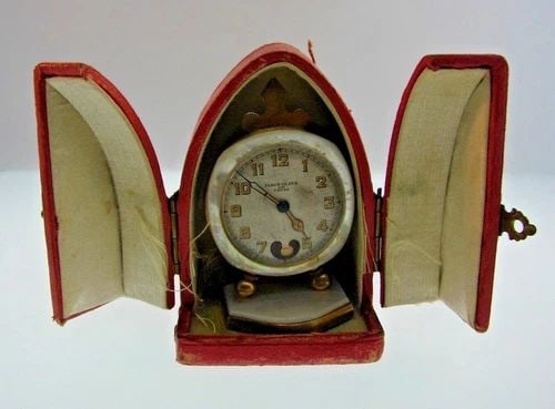 WOW FLEUR DE LYS DE PARIS MOTHER OF PEARL & METAL TRAVELING CLOCK W/BOX ANTIQUE (1 of 2)