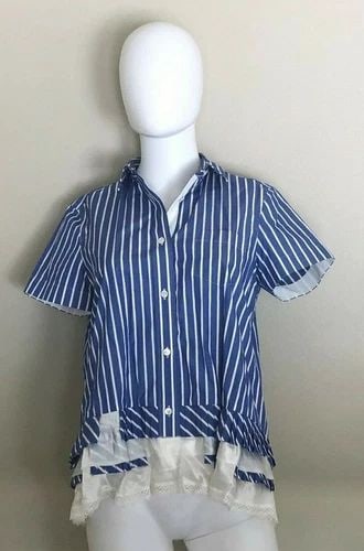 SACAI BLUE WHITE STRIPED LACE SHORT-SLEEVE BUTTON DOWN TOP BLOUSE SIZE 1 (1 of 2)
