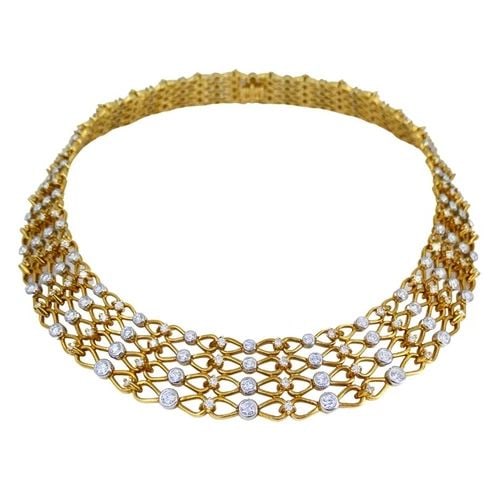 VINTAGE TIFFANY & CO. COLLAR NECKLACE GOLD PLATINUM DIAMOND ESTATE JEWELRY: VINTAGE TIFFANY & CO. COLLAR NECKLACE GOLD PLATINUM DIAMOND ESTATE JEWELRY VK AITOO TIFFANY 18 karat Yellow Gold Platinum Diamond Necklace This vintage Tiffany & Co. necklace is designed in a wide col