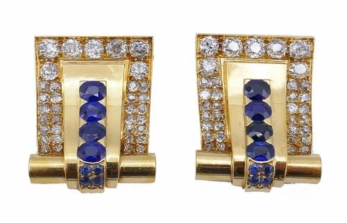 RENE BOIVIN 18K GOLD RETRO DOUBLE CLIP PIN BROOCH VINTAGE JEWELRY: RENE BOIVIN 18K GOLD RETRO DOUBLE CLIP PIN BROOCH VINTAGE JEWELRY VK UROOO Rene Boivin 18k Yellow Gold Sapphire Diamond Double Clip Pin Brooch Rene Boivin brooches were produced by the brand in a broa
