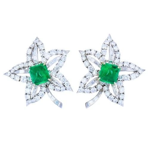 VINTAGE PLATINUM DIAMOND FLORAL EARRINGS SUGARLOAF EMERALD ESTATE JEWELRY (1 of 2)
