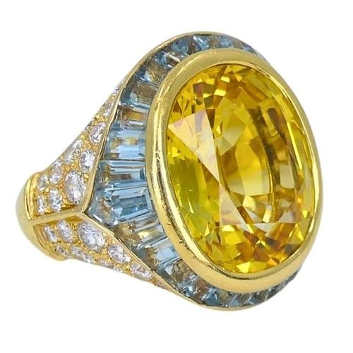BVLGARI BULGARI YELLOW SAPPHIRE RING GOLD AQUAMARINE DIAMOND VINTAGE JEWELRY (1 of 2)