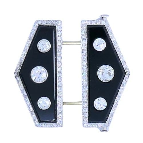 ART DECO PLATINUM DIAMOND & ONYX DOUBLE CLIP BROOCH CHARLTON & CO. (1 of 2)