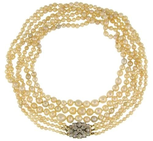 VICTORIAN NATURAL SALTWATER PEARL NECKLACE WITH DIAMOND CLASP ANTIQUE JEWELRY: Victorian Platinum 14 karat Yellow Gold Natural Pearl Diamond Necklace Victorian natural pearl necklace with a gorgeous clasp. Features three strands of natural pearls culminating with a diamond clasp