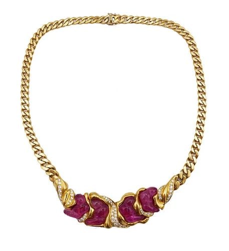 VINTAGE NECKLACE BY ANSUINI ITALY 18K GOLD RUBY DIAMOND ESTATE JEWELRY: VINTAGE NECKLACE BY ANSUINI ITALY 18K GOLD RUBY DIAMOND ESTATE JEWELRY Ansuini 18 karat Yellow Gold Diamond Ruby Necklace A vintage 18k gold necklace featuring ruby and diamond created by Ansuini jewe