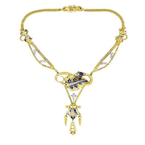 VICTORIAN GOLD SNAKE NECKLACE DIAMOND RUBY ENAMEL: Victorian Gold Snake NECKLACE Diamond Ruby Enamel VK RTOO Victorian Snake Necklace Ruby Diamond Seed Pearl 14k Gold An intricate Victorian snake necklace made of 14 karat gold, featuring diamonds, rub